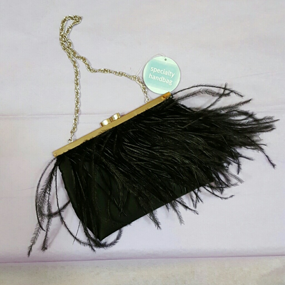 Specialty handbag black with gooselike feathers